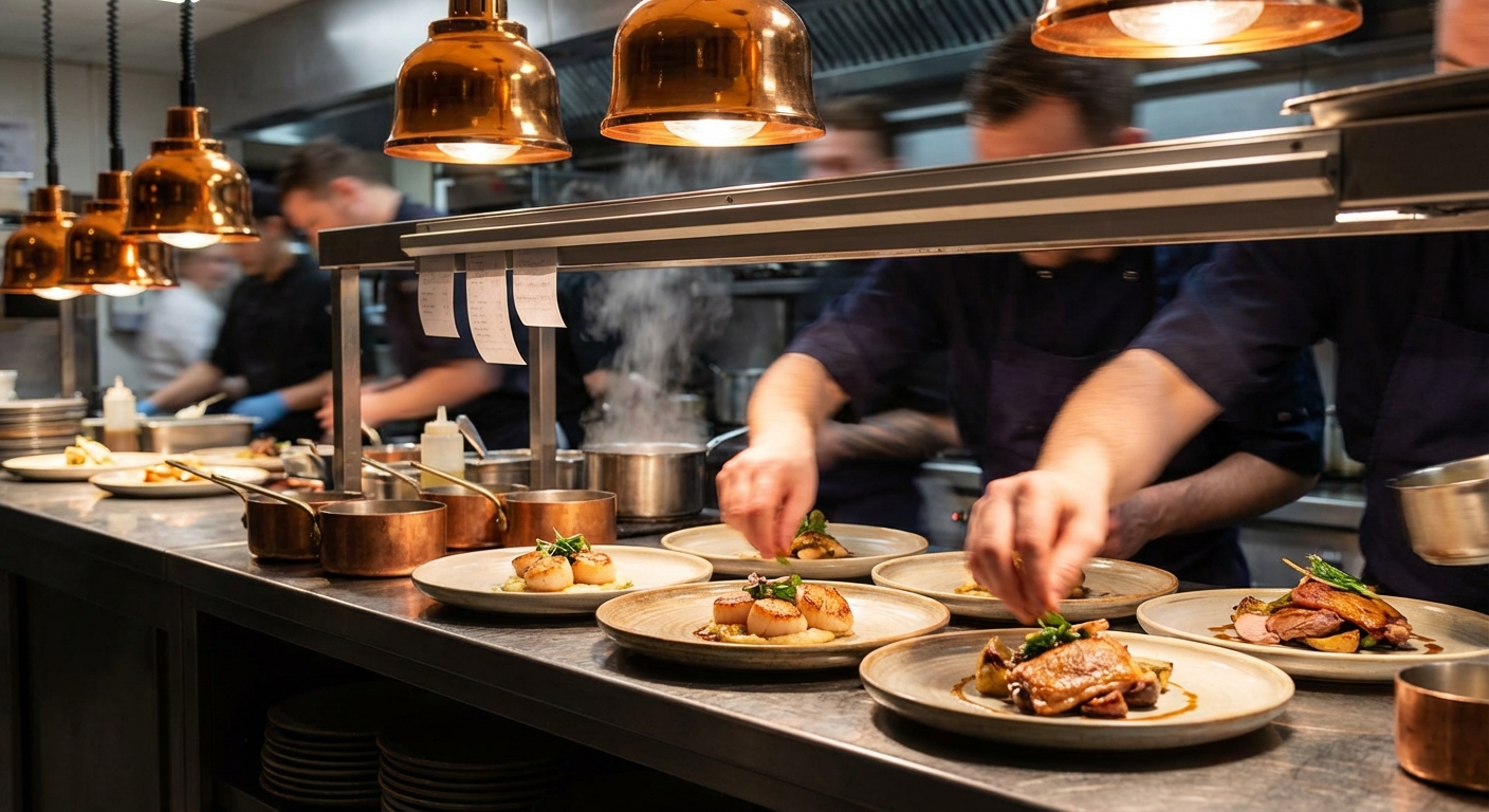Busy restaurant kitchen line