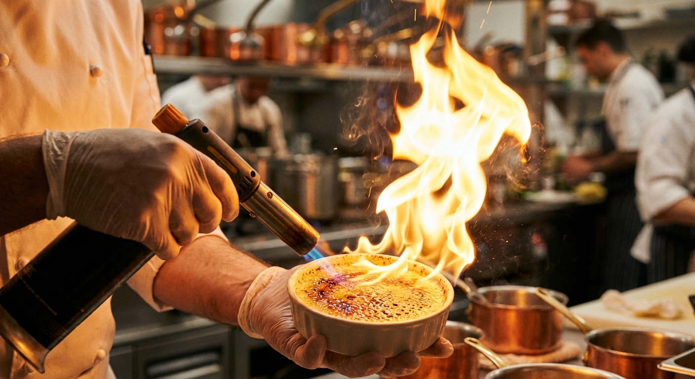Chef torching dessert