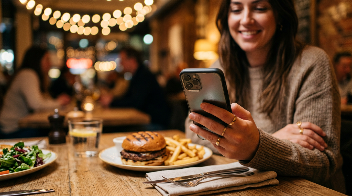 Diner checking restaurant offer