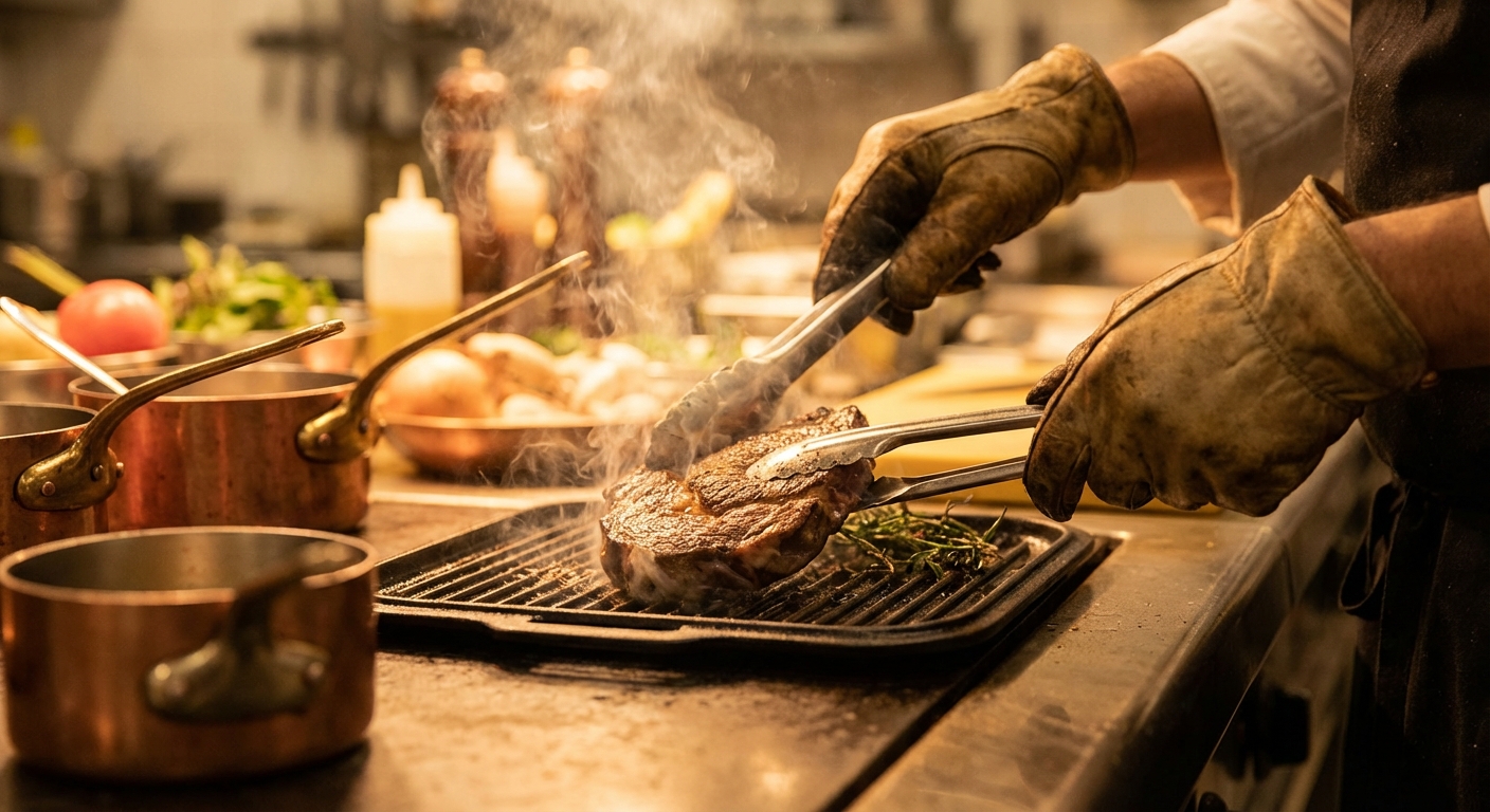 Chef searing steak closeup
