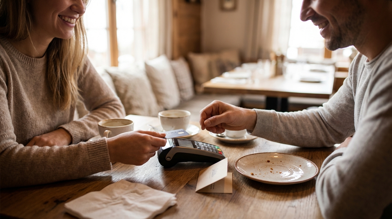 Close-up of happy restaurant guests paying at the table after a positive dining experience
