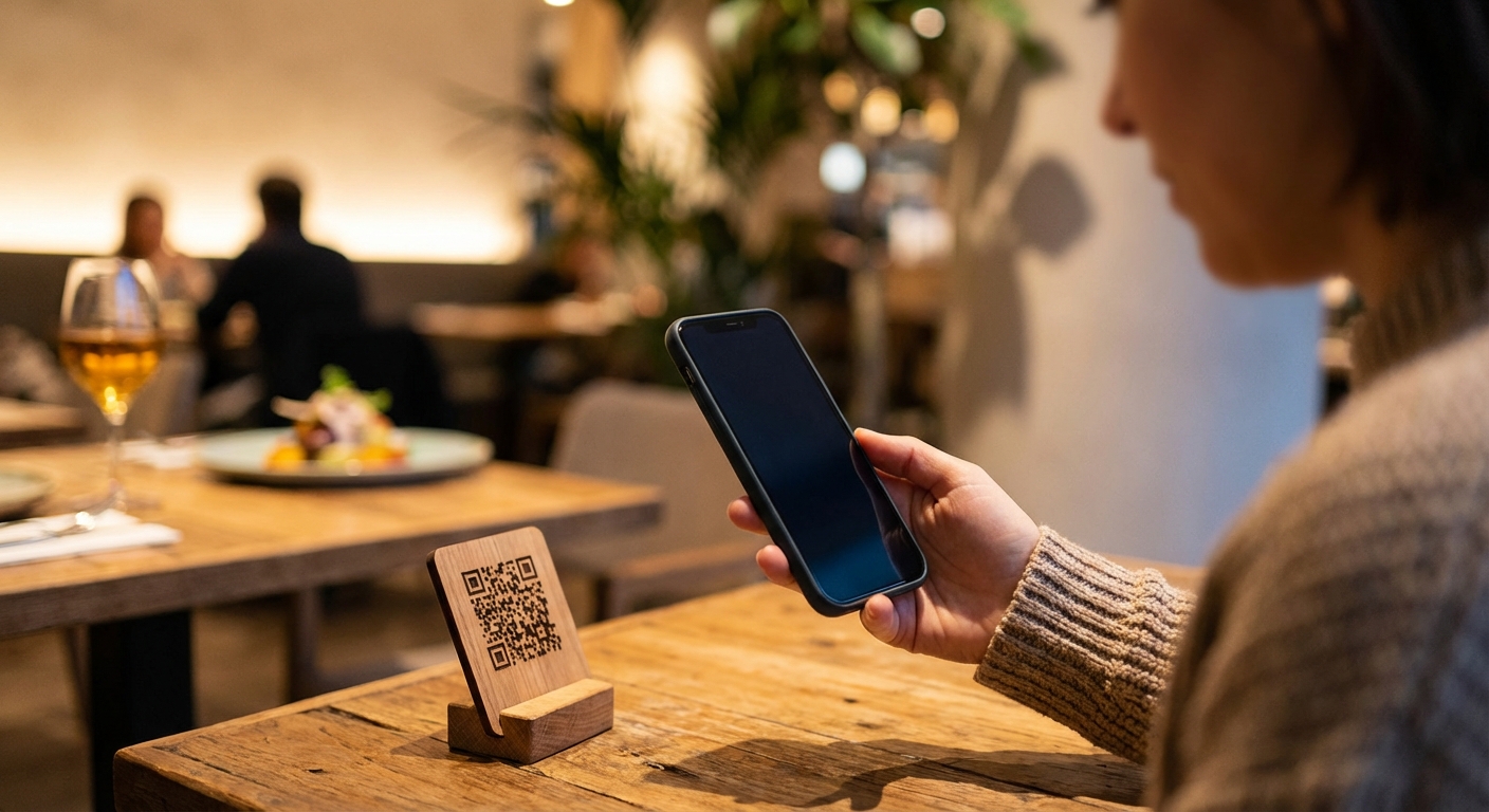 Restaurant guest sitting at table using a smartphone and QR code for digital menu ordering
