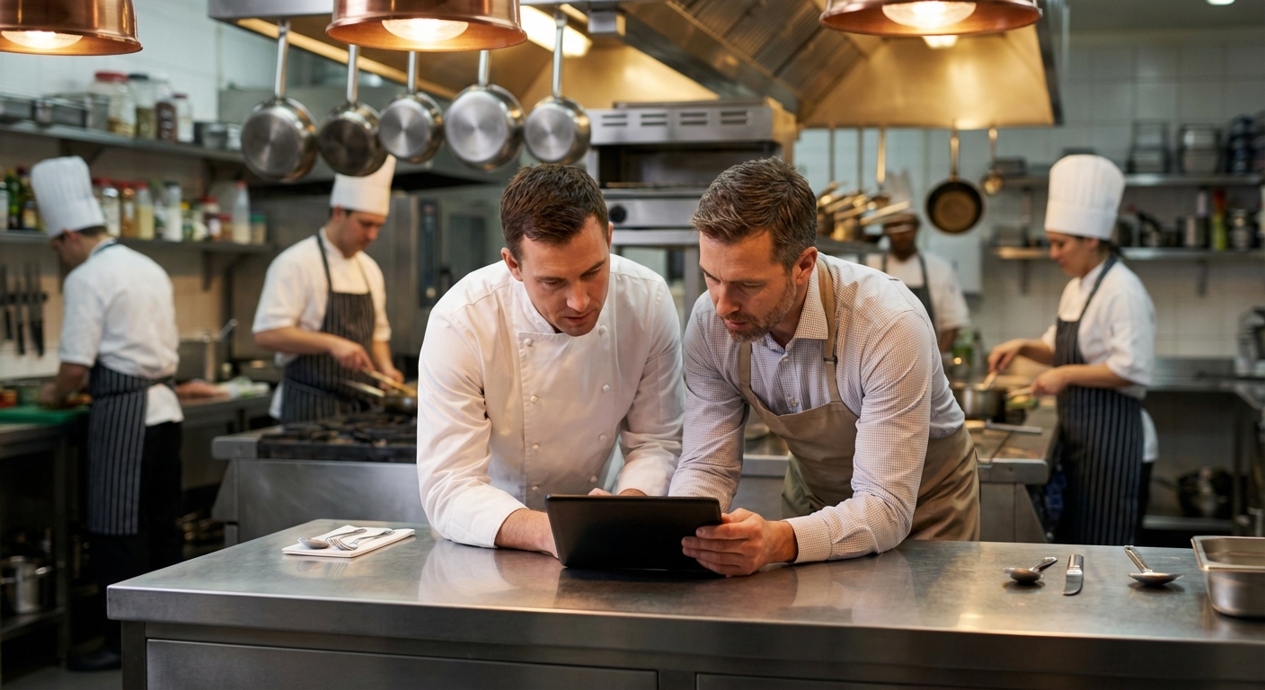 Kitchen team using tablet