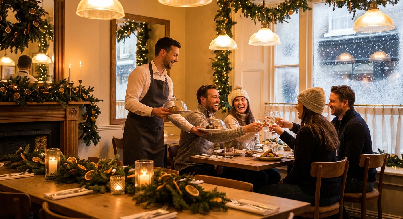 Cozy restaurant interior decorated for winter holidays with guests enjoying dinner