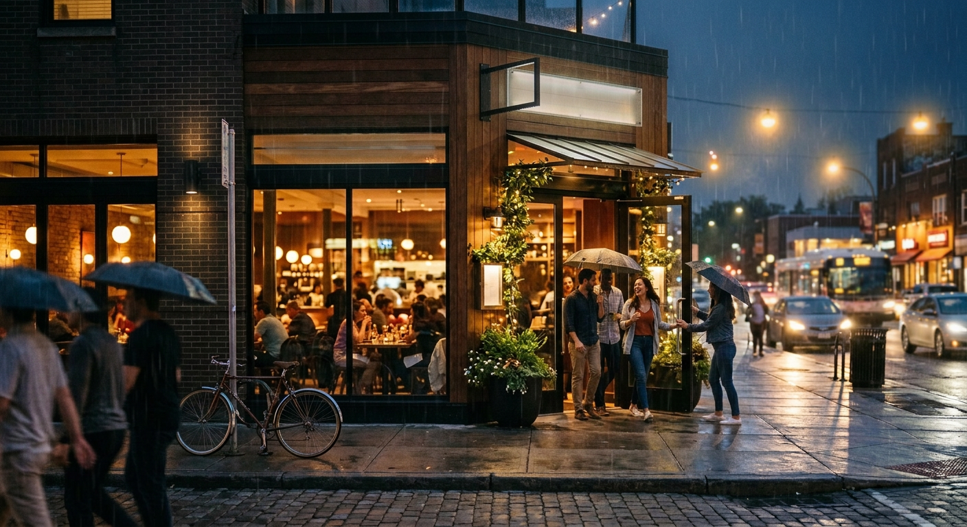 New restaurant exterior at night