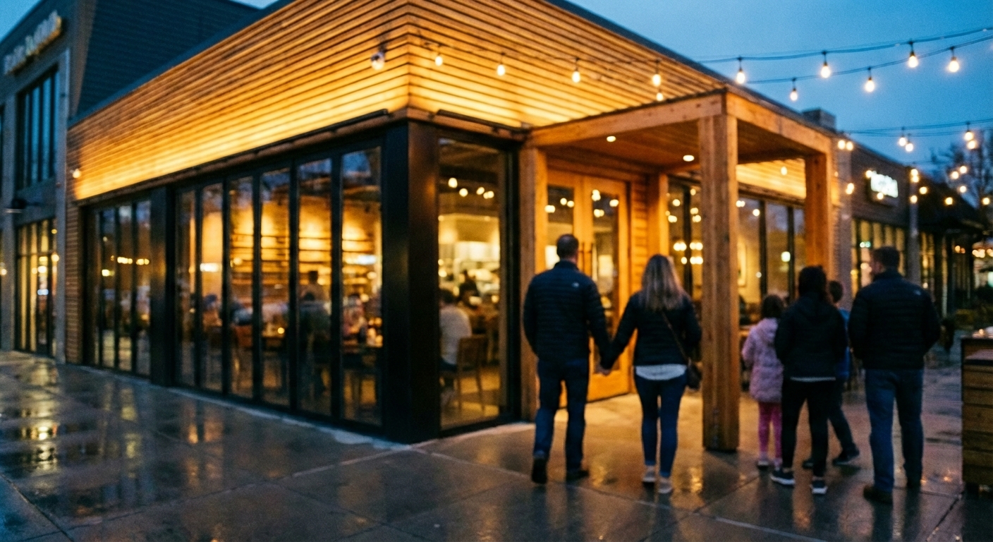 Restaurant exterior at dusk