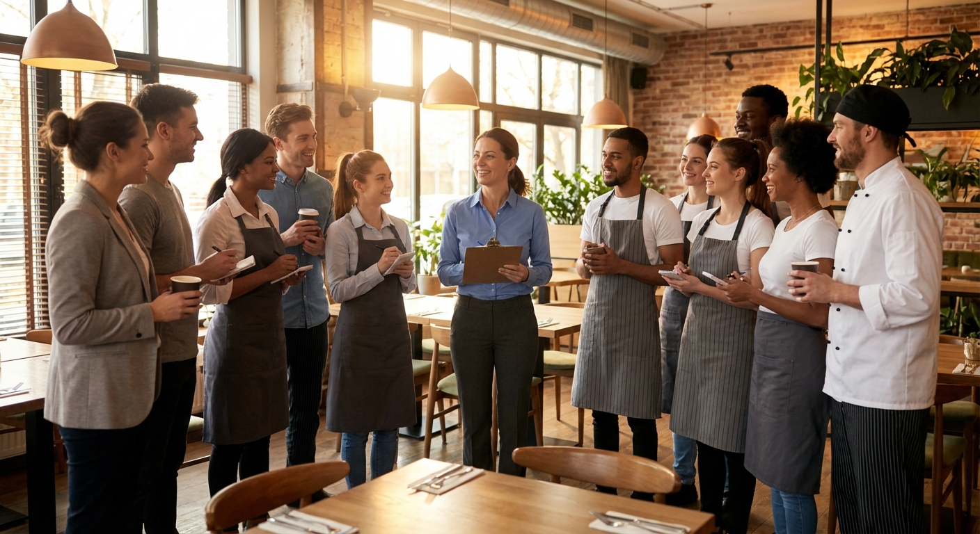 Restaurant team in a modern casual dining room gathered for a positive pre-shift meeting