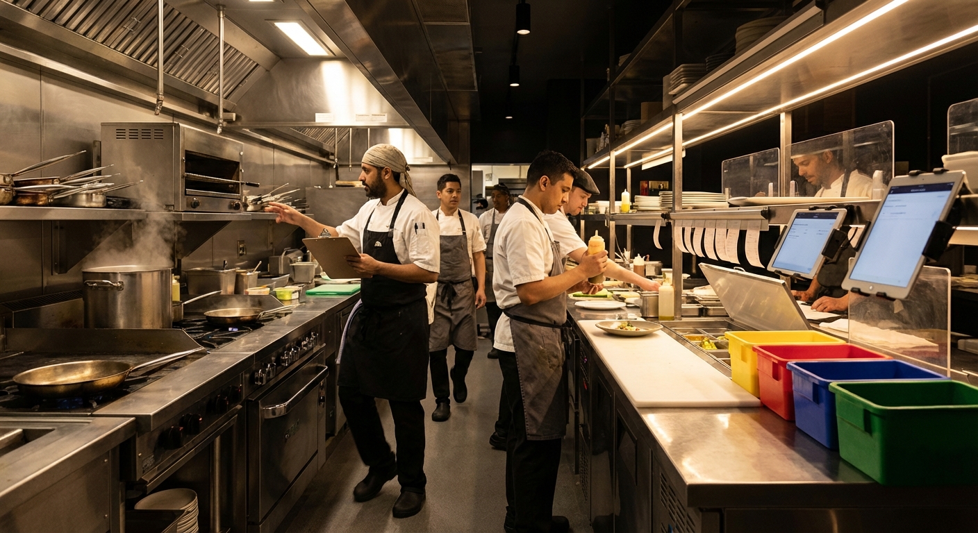 Organized restaurant kitchen team working calmly together during a busy dinner service