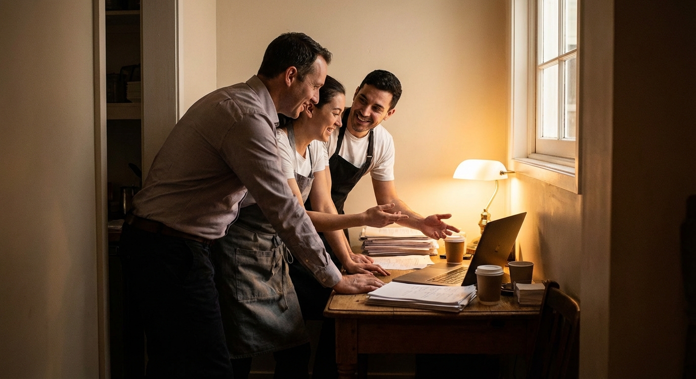 Restaurant manager and two staff members reviewing a simplified digital ordering system together