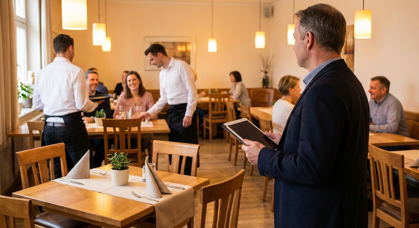 Restaurant manager using a digital tablet to observe servers and guests during a mid-shift quality audit in the dining room