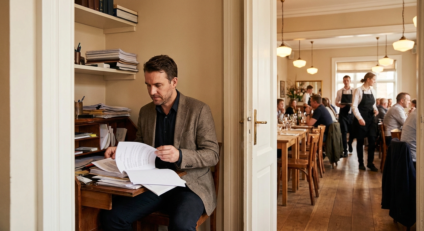 Restaurant manager reviewing labor cost paperwork in a small office beside a busy dining room