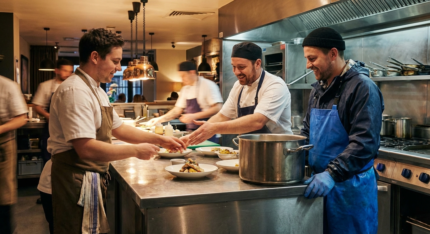 Small team of restaurant kitchen staff working together and being cross-trained on different stations