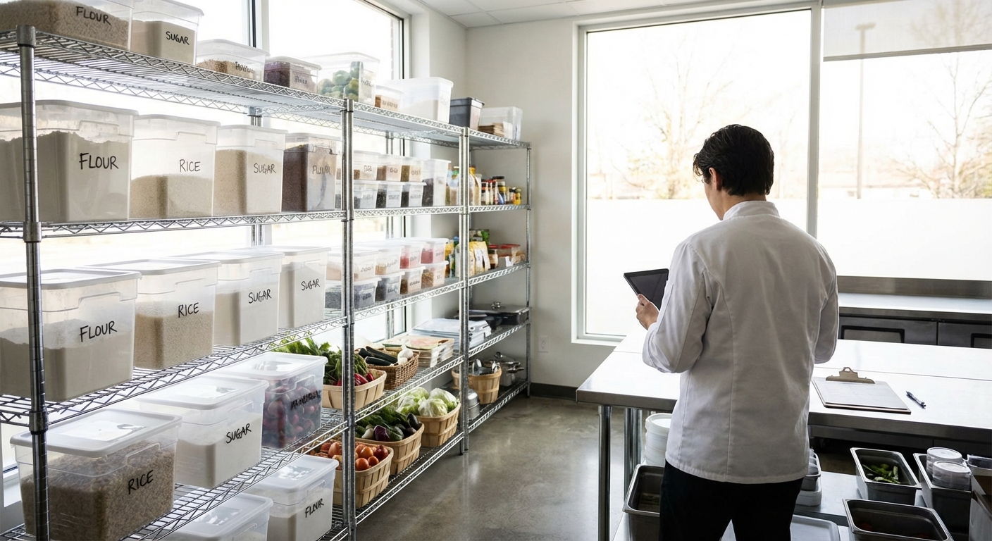 Organized restaurant pantry shelves