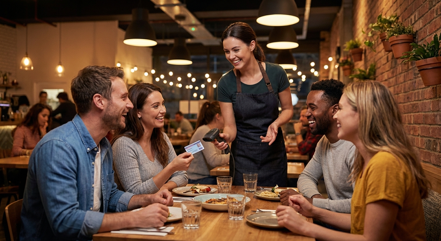 Photorealistic image of happy restaurant guests at a table scanning a loyalty or rewards code with a smartphone