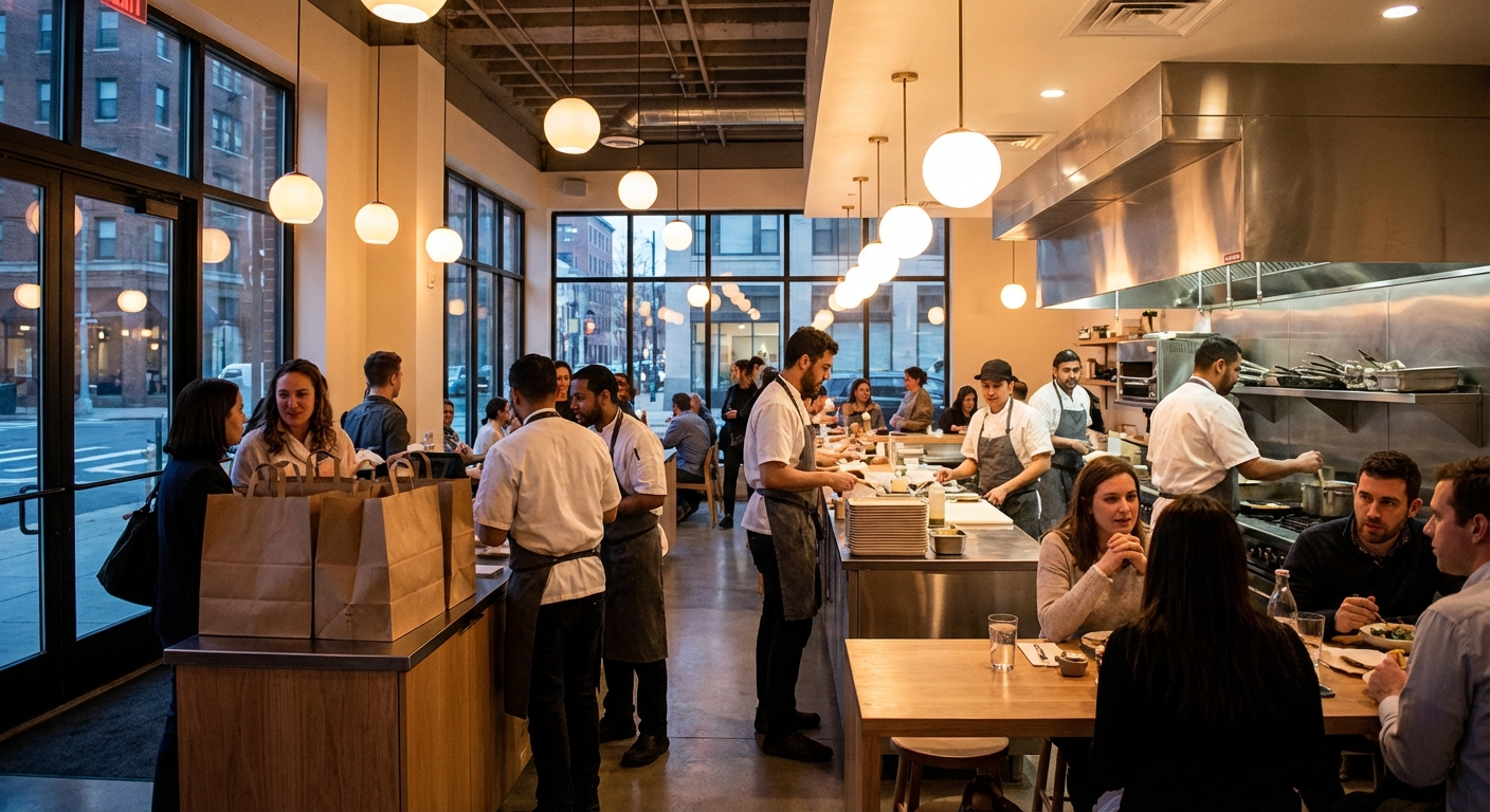 Photorealistic interior of a modern fast-casual restaurant during service with busy dine-in guests and staff handling takeout orders.