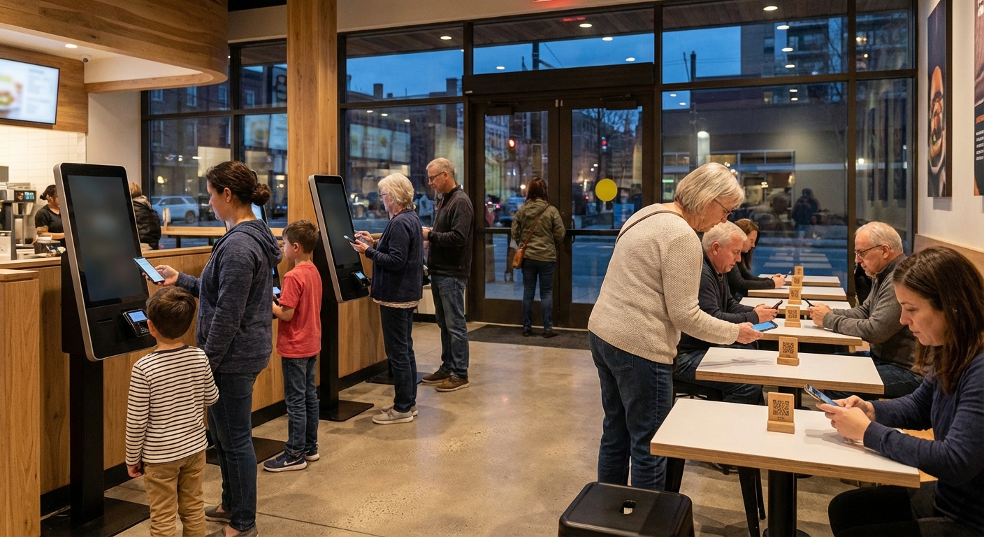 Quick-service restaurant interior with guests ordering at large self-service kiosks and scanning QR codes at tables for contactless ordering