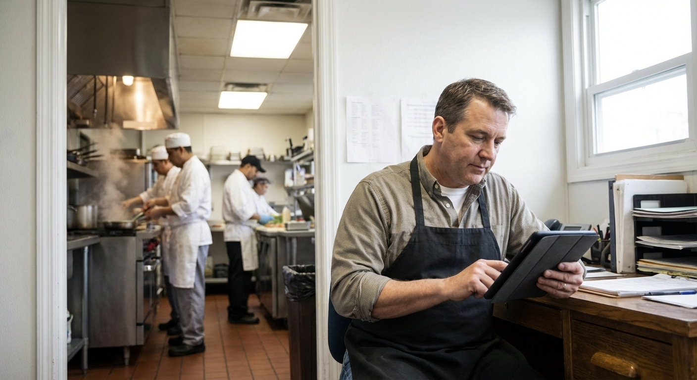 Restaurant kitchen manager reviewing training data on a tablet while staff cook in the background