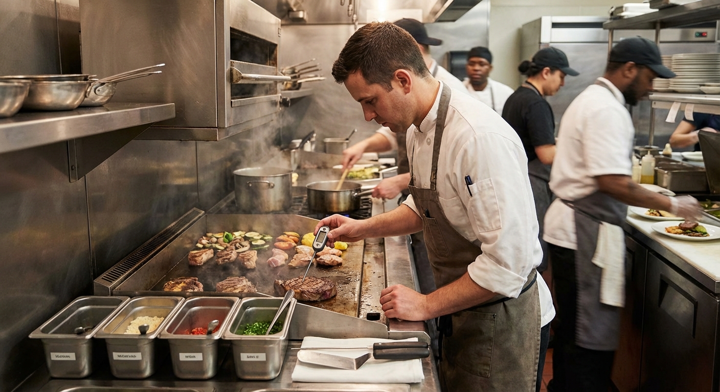 Line cook checking meat temperatures at a busy grill station in a commercial kitchen