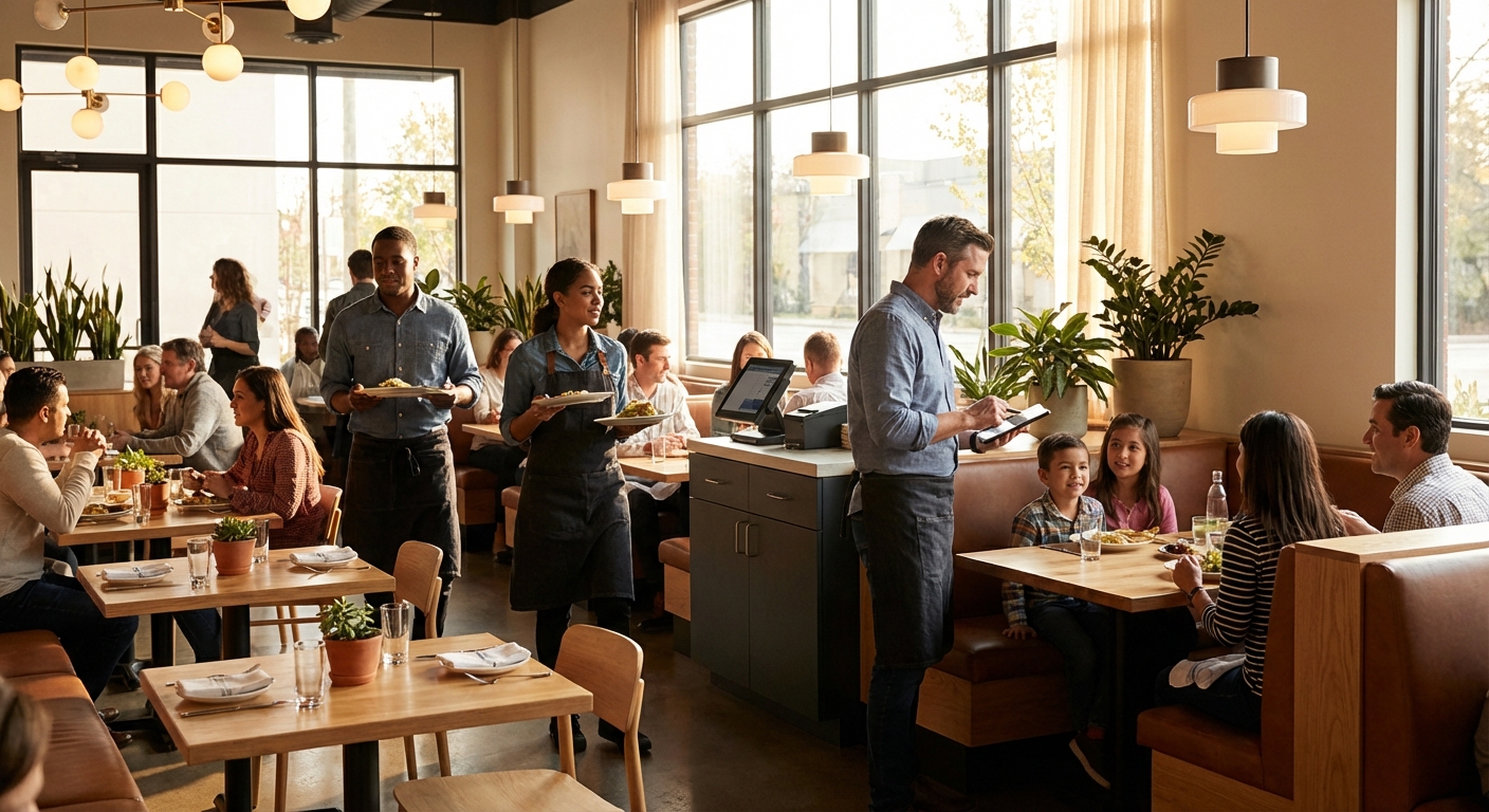 Busy modern casual dining restaurant front-of-house with servers and guests during service