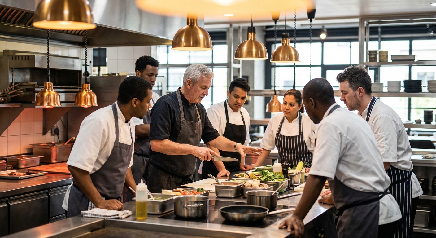 Head chef training a diverse team of kitchen staff in a modern commercial restaurant