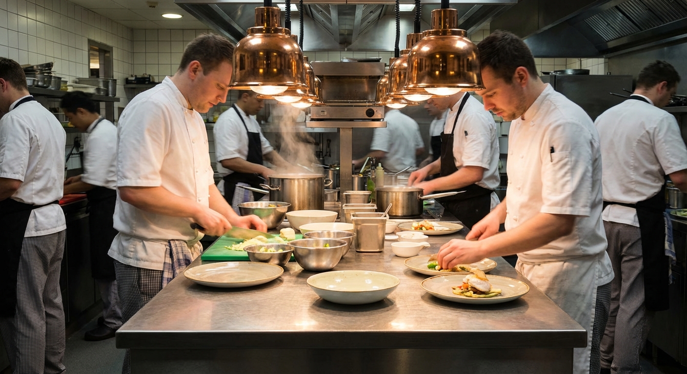 Busy kitchen prep line