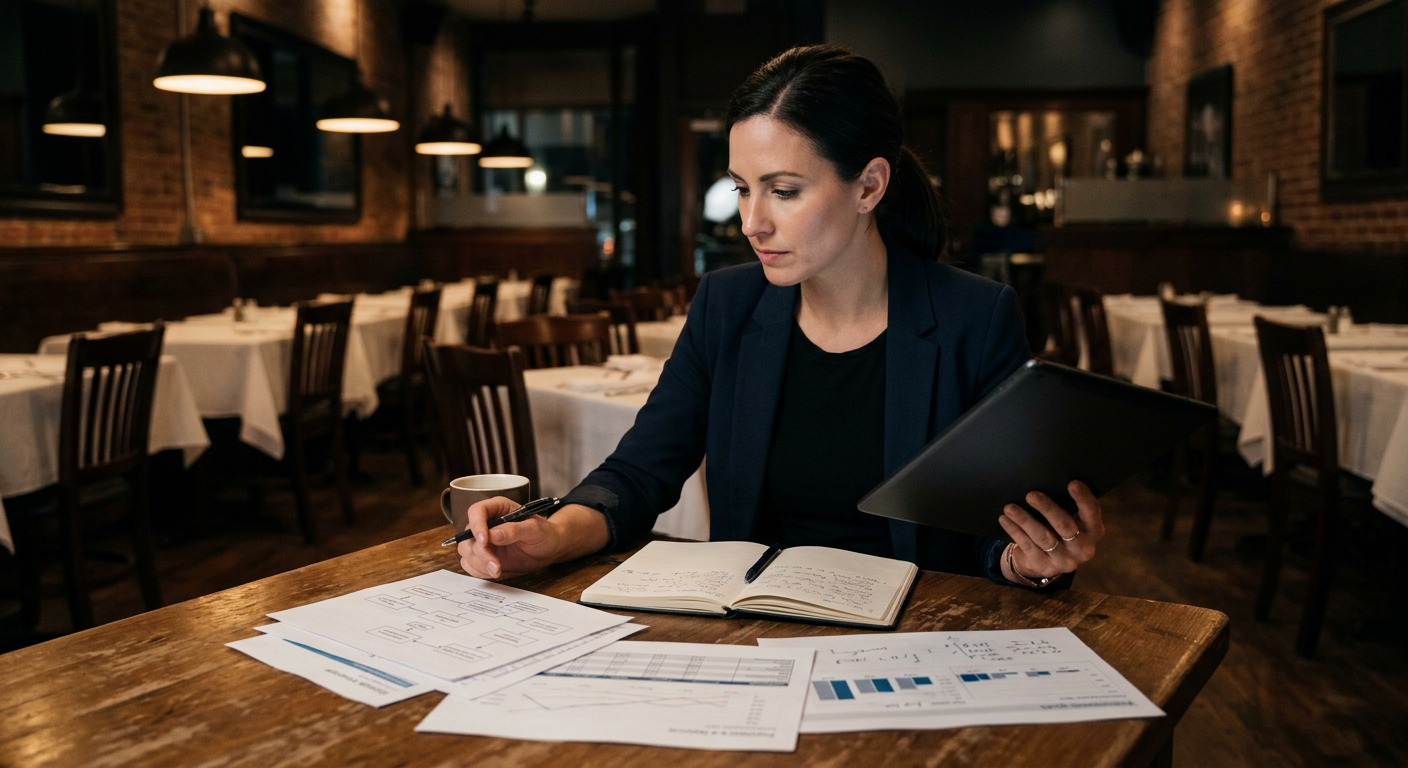 Manager reviewing restaurant reports