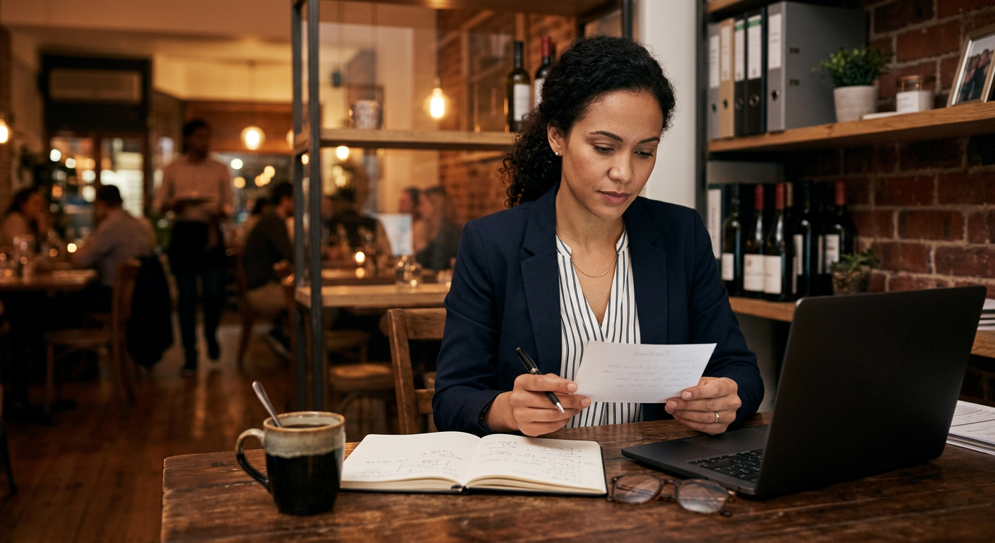 Restaurant manager reviewing notes