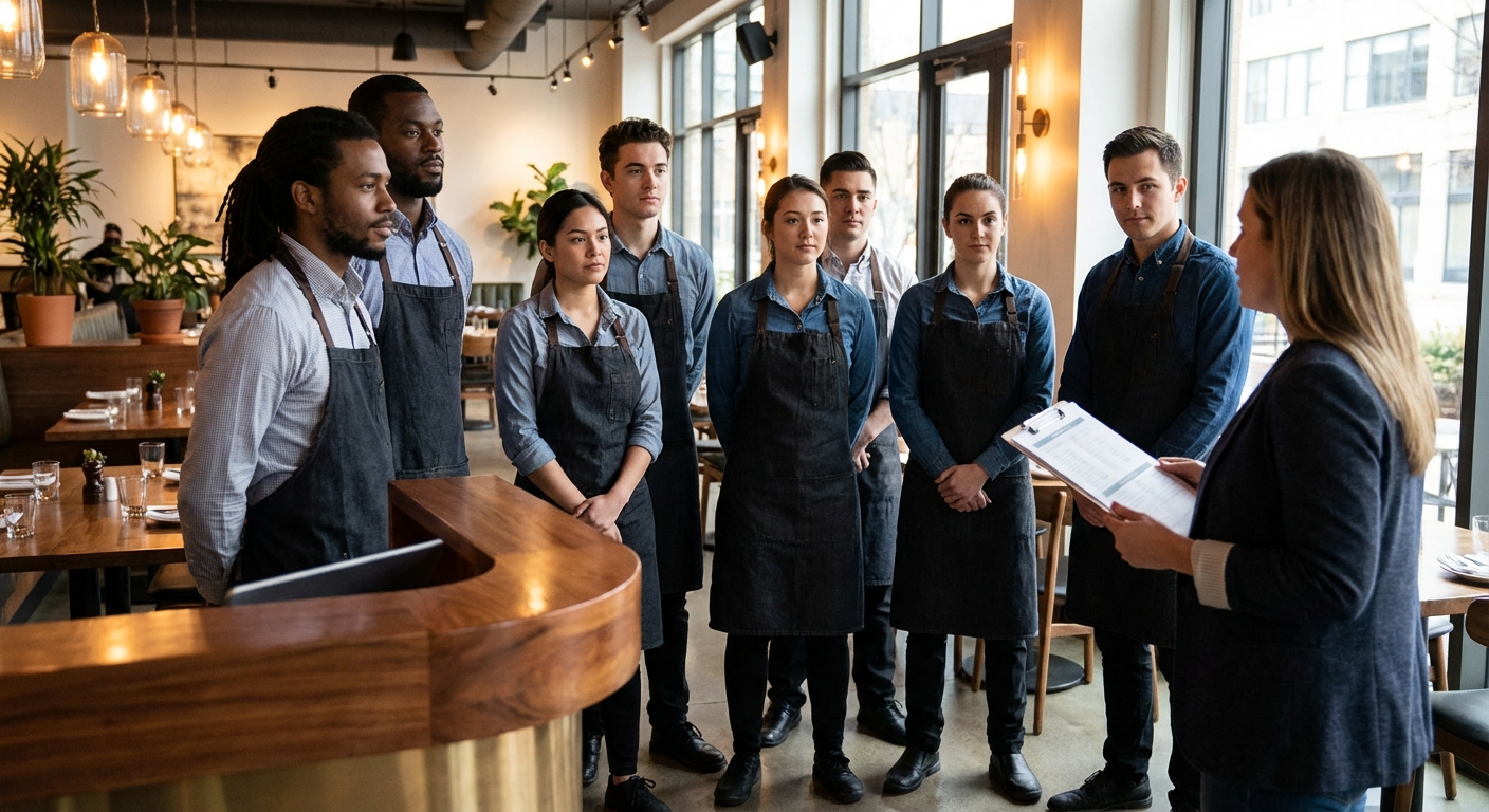 Front-of-house restaurant team in a pre-shift training huddle near the host stand while a manager reviews a checklist