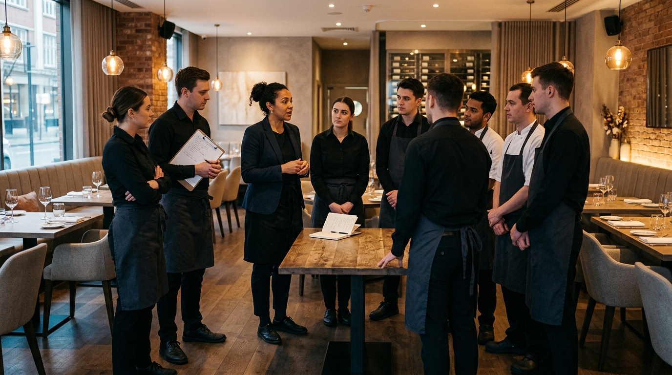 restaurant staff huddle