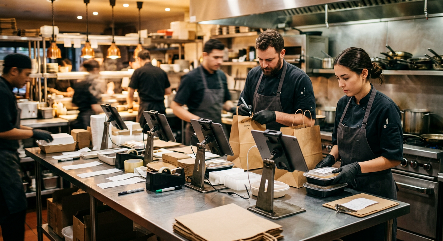 Kitchen staff packing orders