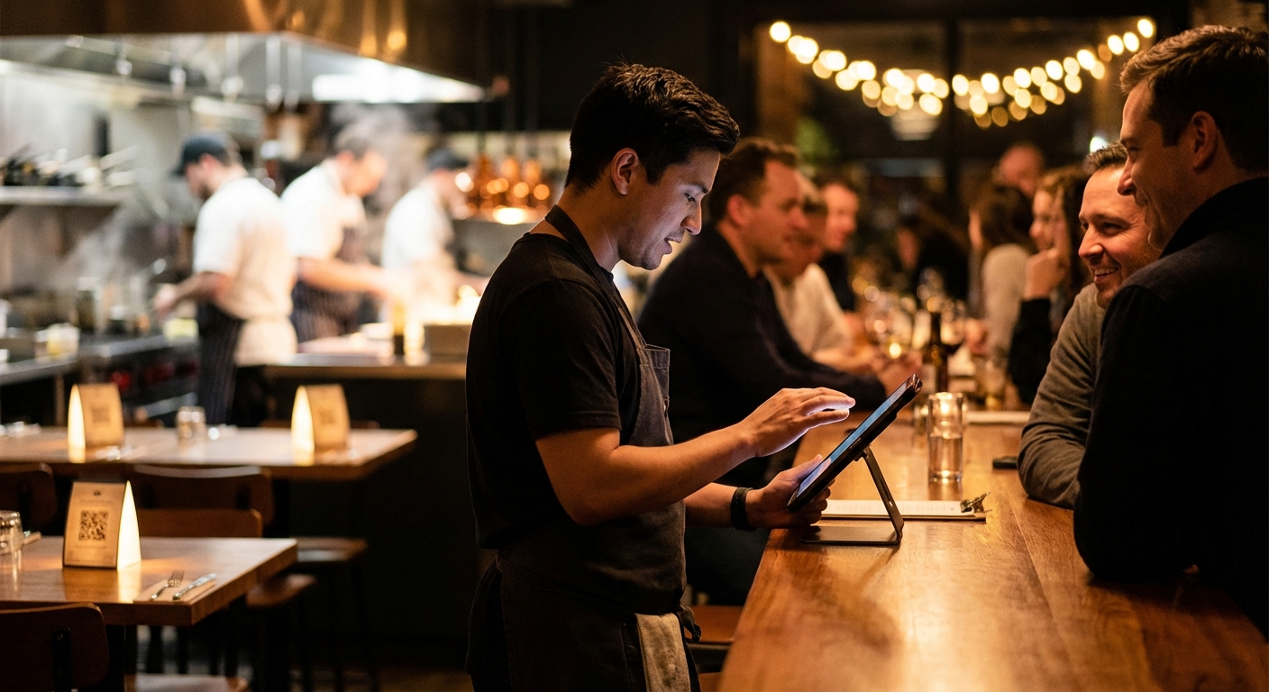 Photorealistic scene of staff in a busy restaurant using integrated devices to manage orders and guest data