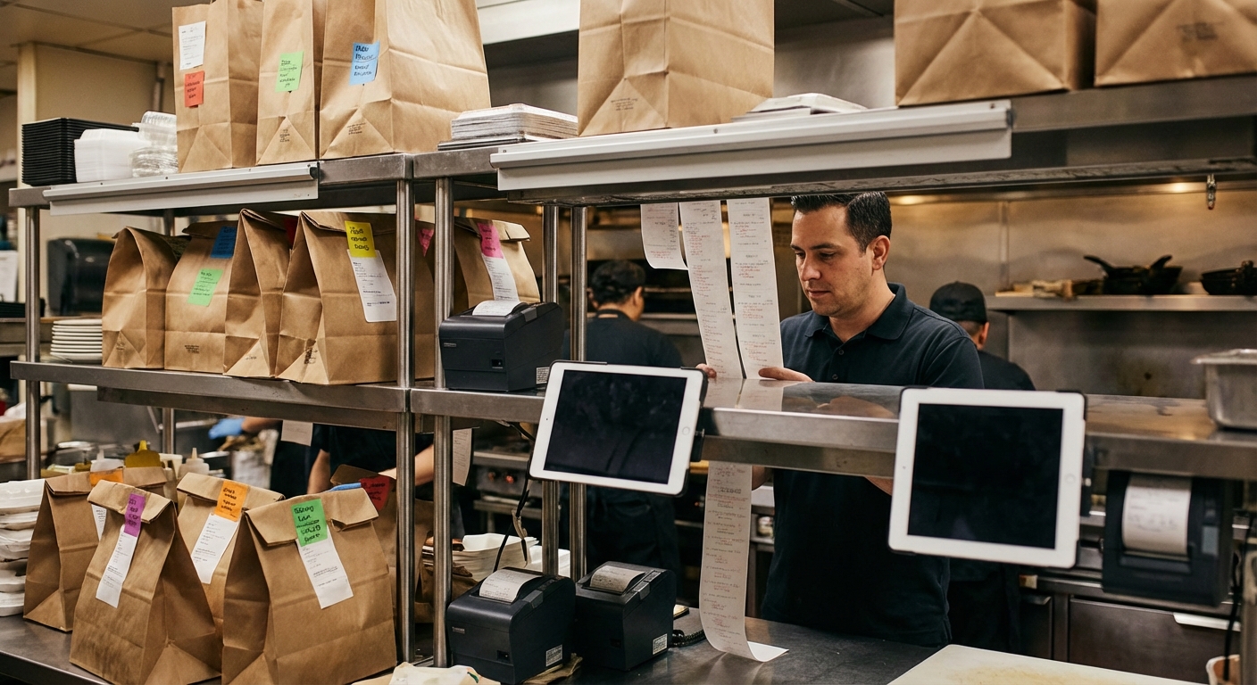 Restaurant expo line with a manager organizing multiple takeout orders in paper bags and coordinating tickets from different channels.