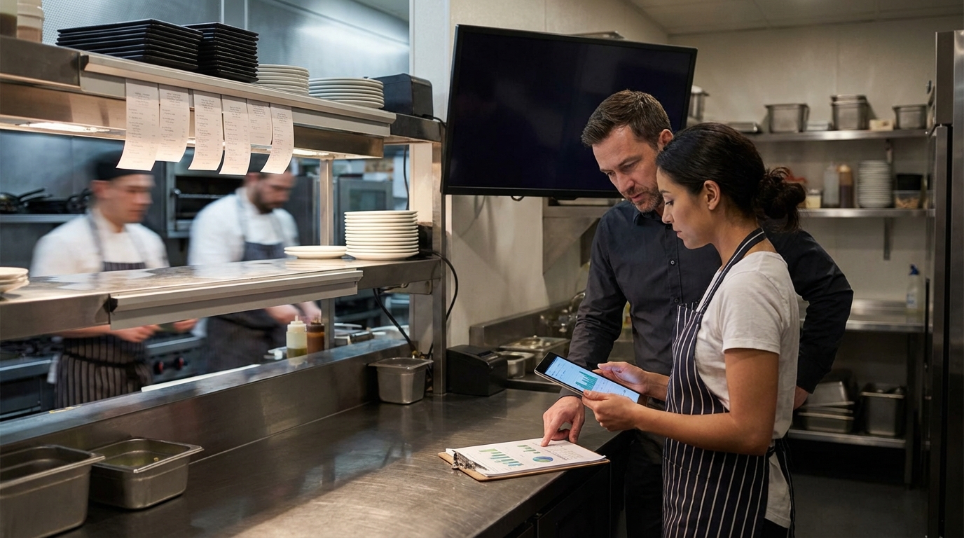Restaurant manager and server in the kitchen reviewing customer feedback analytics together