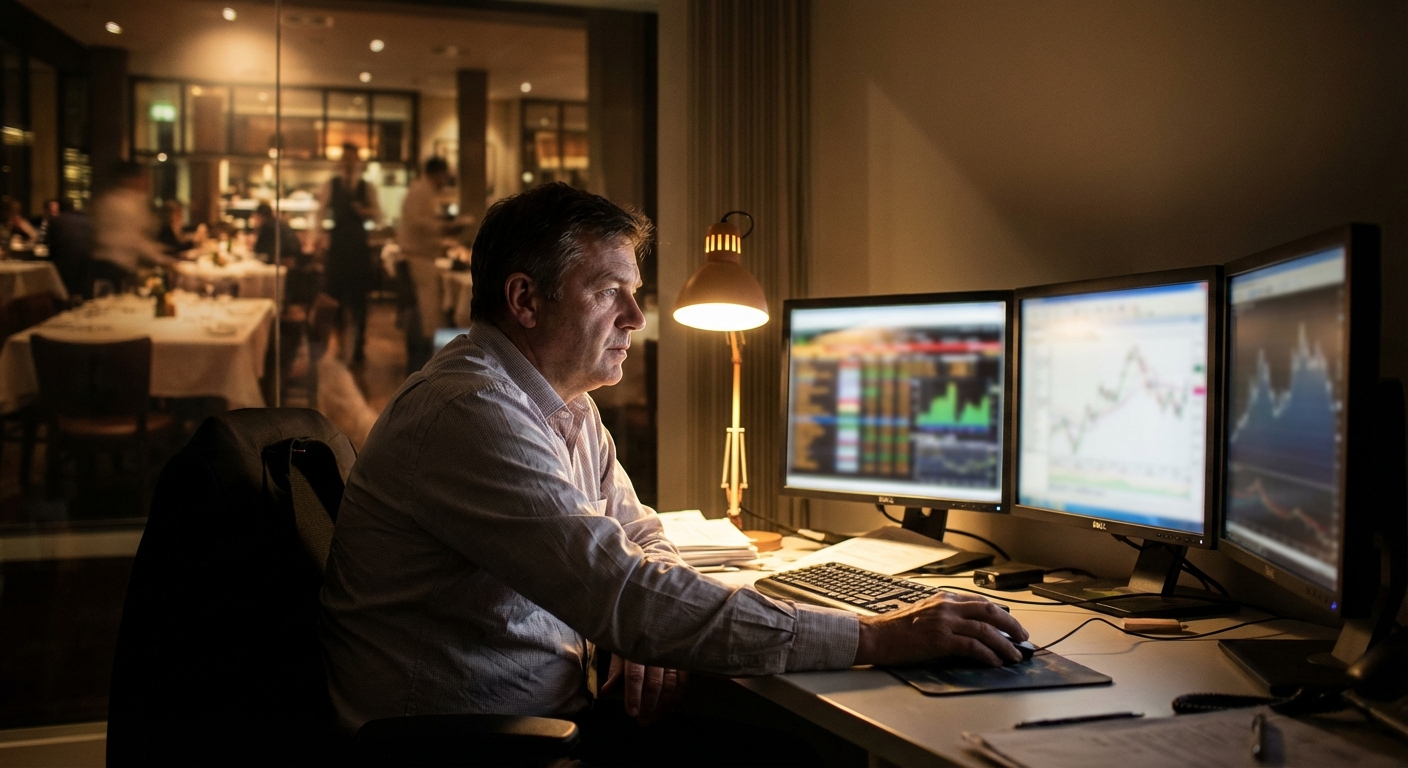 Restaurant manager in a back-office space reviewing live analytics dashboards on multiple monitors with the dining room visible through glass