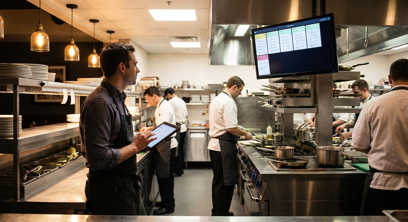 Restaurant manager in a busy kitchen reviewing real-time order and sales data on a digital display