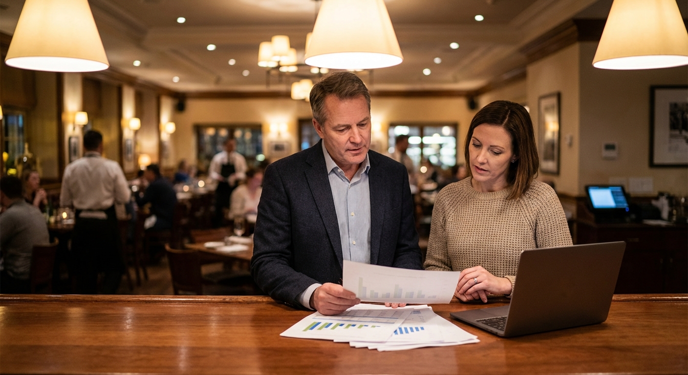 Photorealistic scene of a restaurant owner standing near the bar reviewing digital performance on a tablet