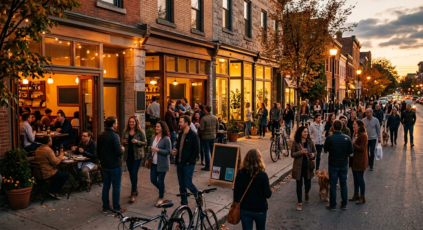 Busy neighborhood storefronts