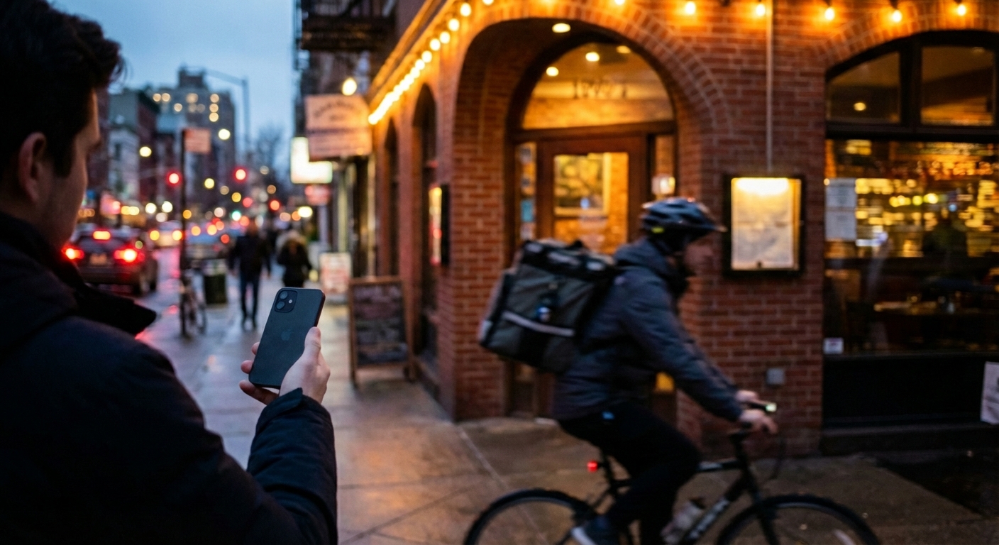 Restaurant storefront at dusk