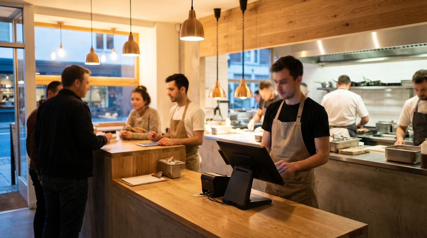 Modern fast-casual restaurant counter with staff using a POS system to serve guests