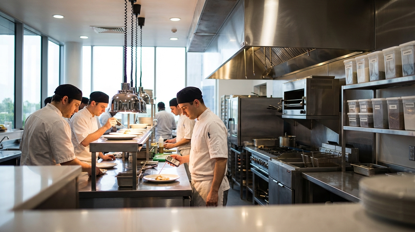 Wide-angle view of an efficient modern restaurant kitchen focused on energy and water saving operations
