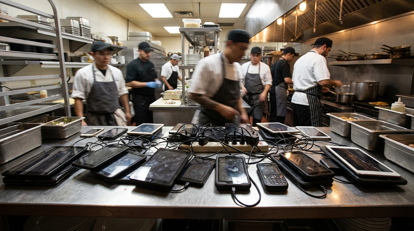 Busy kitchen tablet clutter