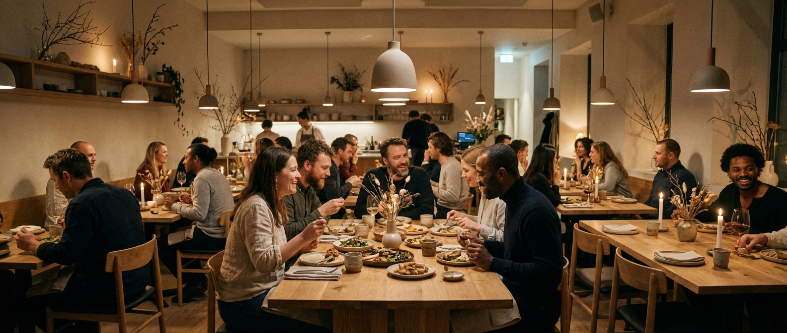 Busy modern restaurant dining room filled with guests enjoying dinner