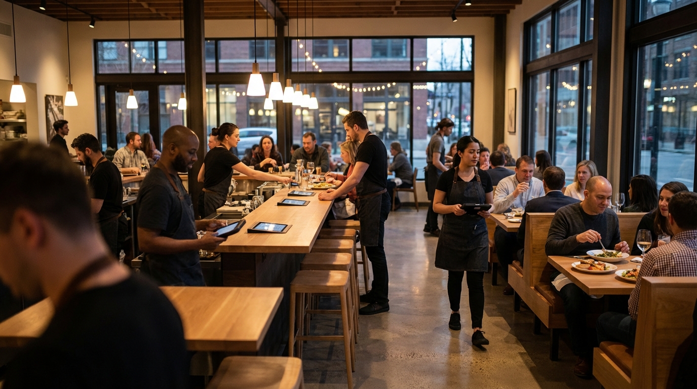 Modern busy restaurant dining room with staff using tablets and guests enjoying dinner in a warm, technology-enabled environment
