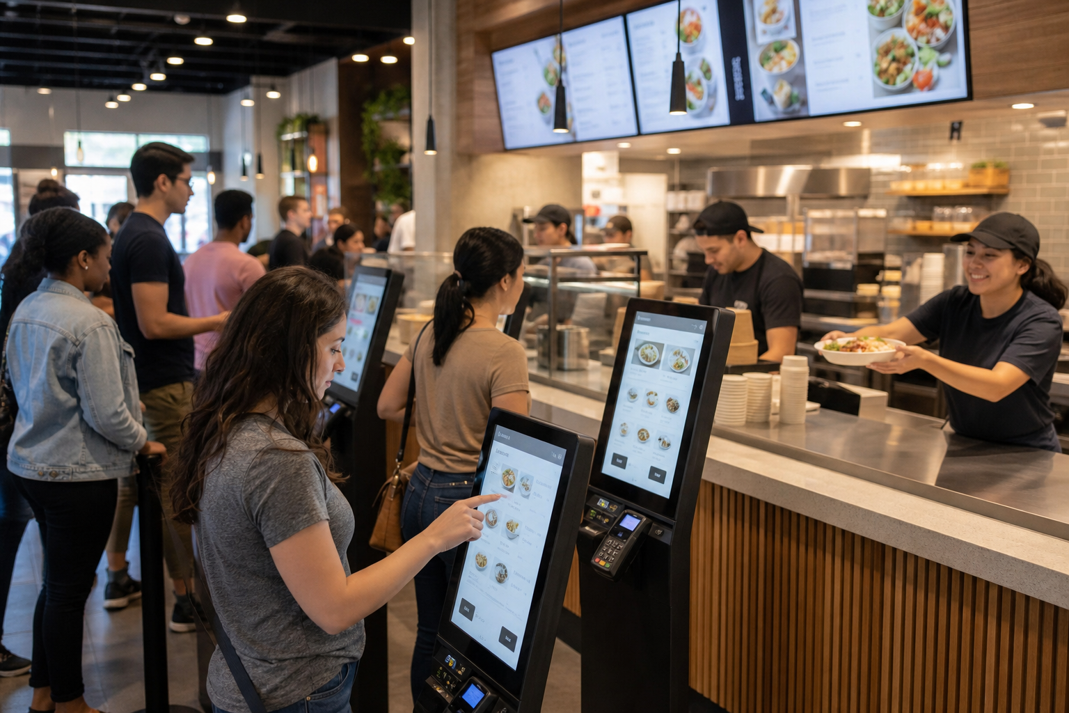Customers using ordering kiosks