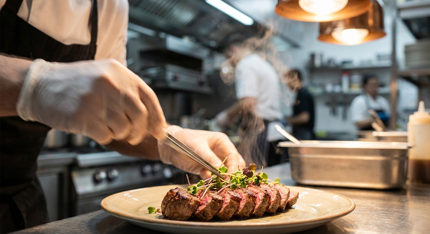 Chef in a professional kitchen carefully plating an elegant sliced steak dish with tweezers