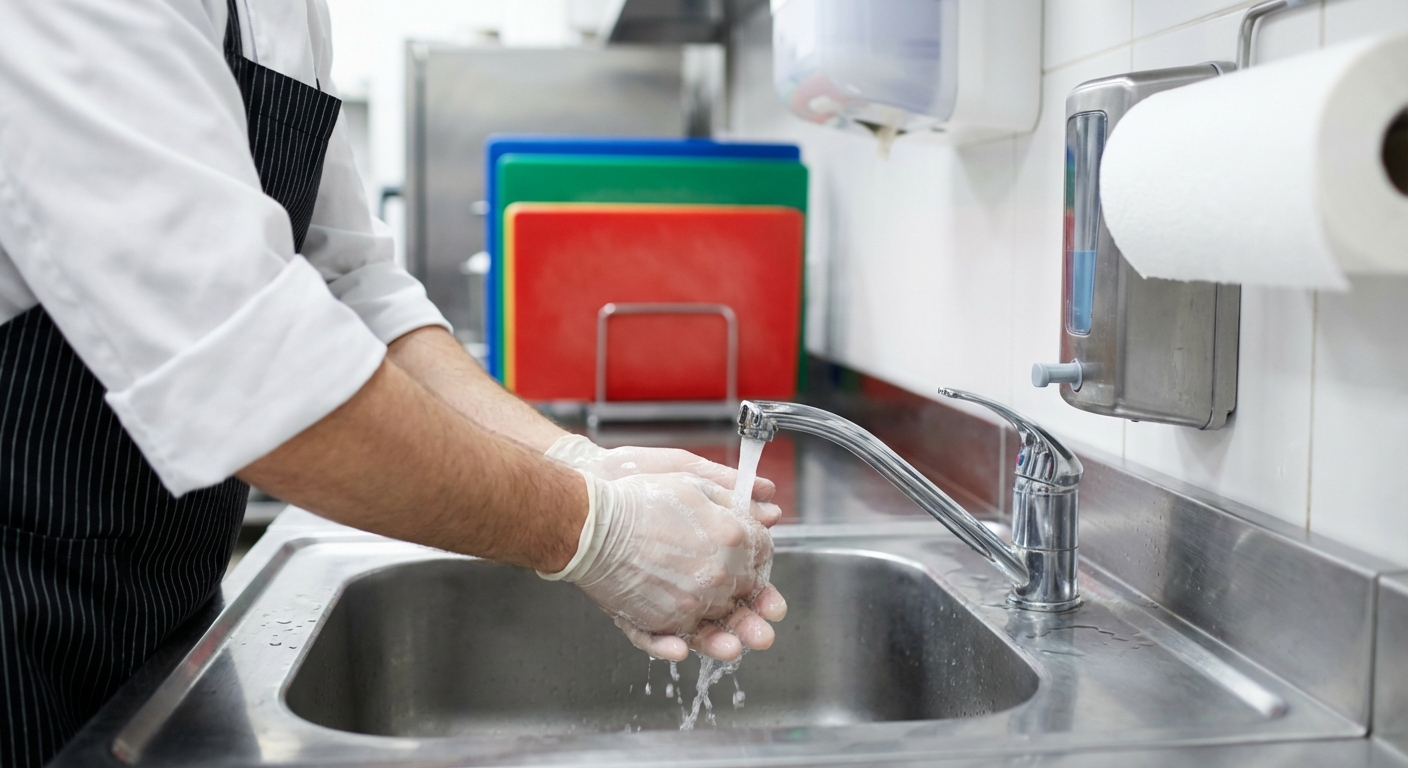 Restaurant cook washing gloved hands at a stainless steel sink with color-coded cutting boards in the background to prevent cross-contamination.