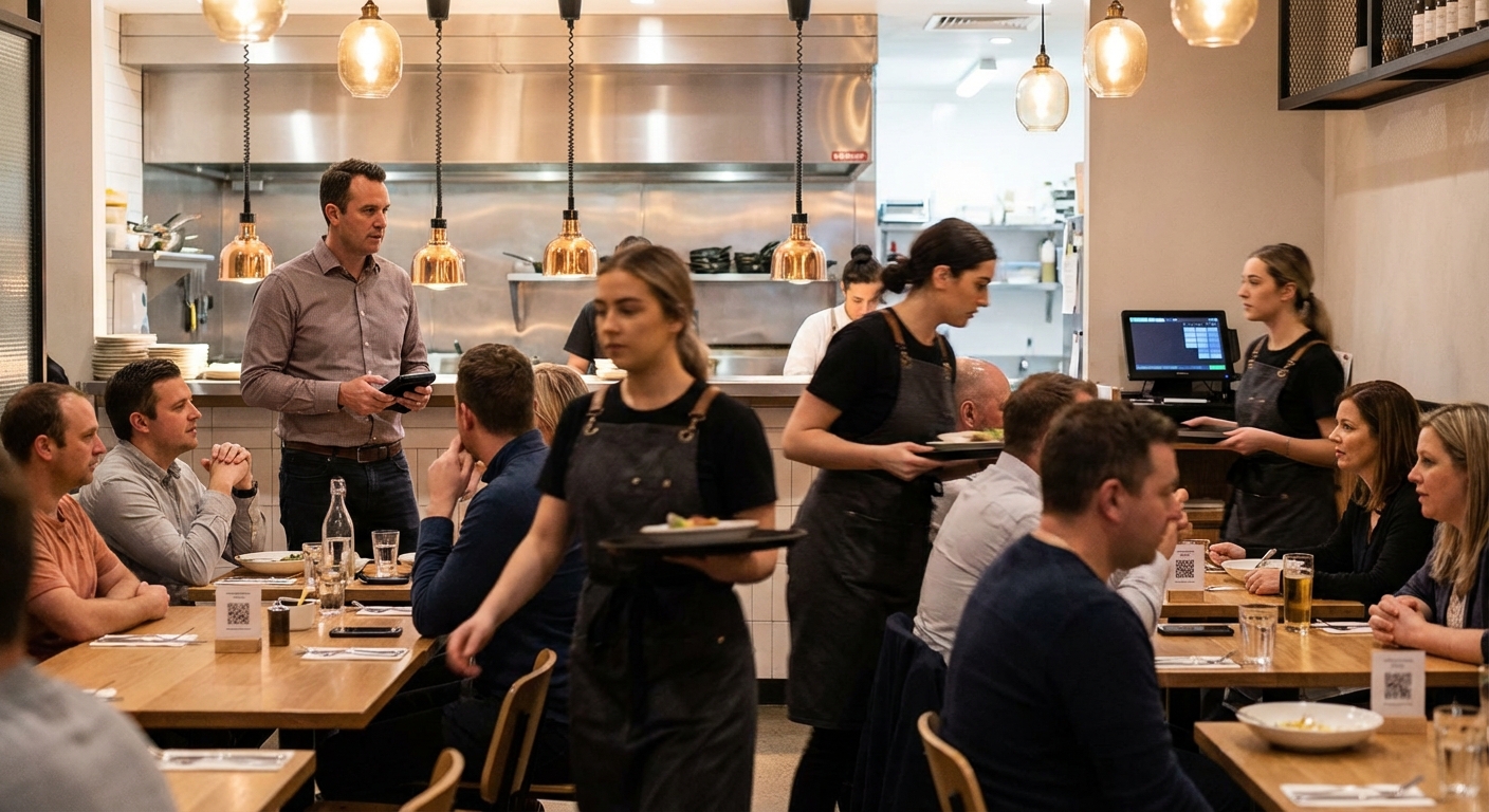 Busy modern casual-dining restaurant interior with staff using discreet digital tools to manage service