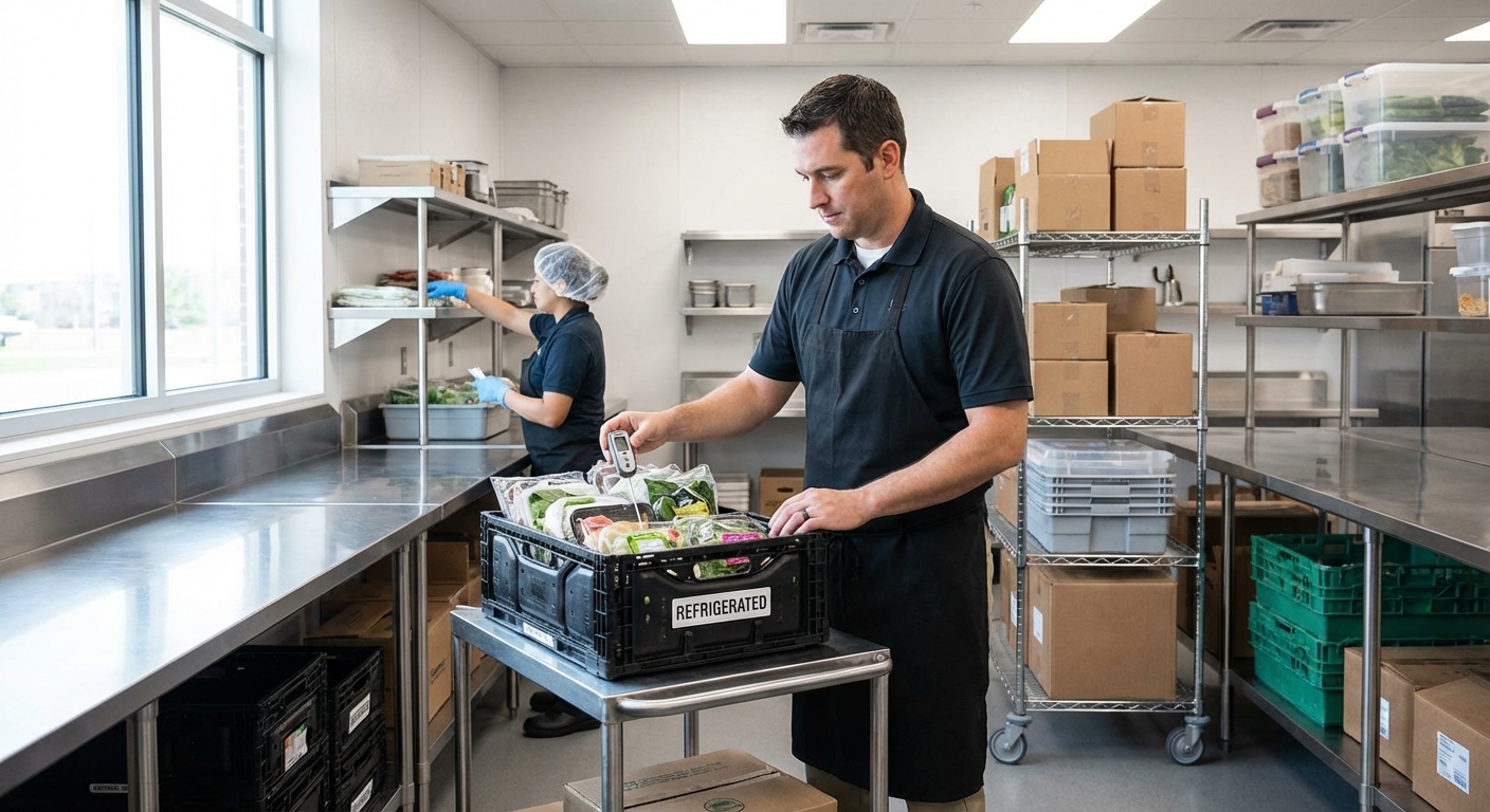Restaurant manager checking temperatures and inspecting fresh deliveries in a modern kitchen receiving area for food safety compliance.