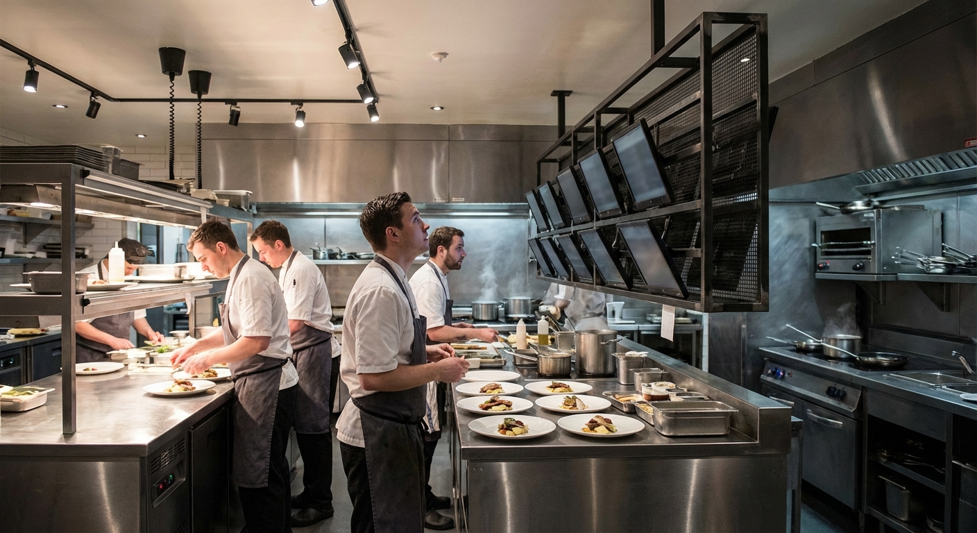 Professional restaurant kitchen during the dinner rush with cooks working around a centralized digital display
