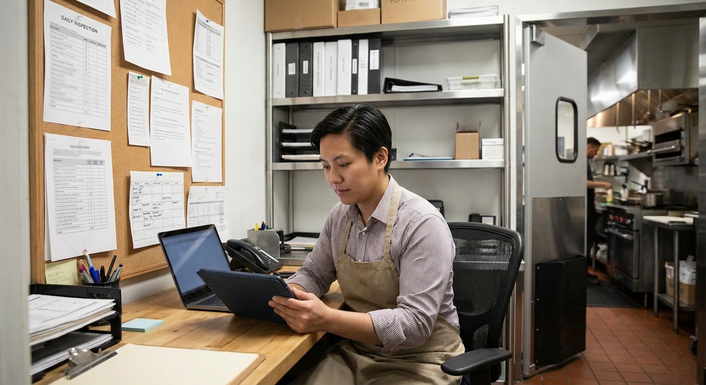 Restaurant general manager in back office reviewing food safety checklists and digital compliance data on a tablet and laptop.
